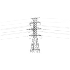 High voltage electricity pylon with power lines, modern energy transmission infrastructure, white background.