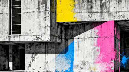 Naklejka premium Aesthetics backgrounds of the 1990s with style of retro risographs grainy color fades, large shapes, exaggerated figures and layering of different subject matter.