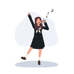 japanese schoolgirl singing. cute japanese student singing karaoke. girl performing joyful pop culture
