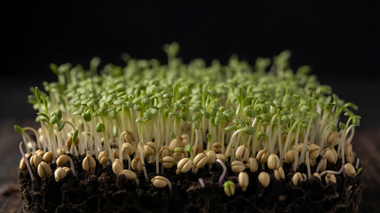 Closeup of fresh microgreens sprouting from soil and seeds, showcasing vibrant green leaves and roots