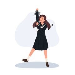 kawaii girl in sailor school uniform performing on stage holding a microphone energetic and expressive