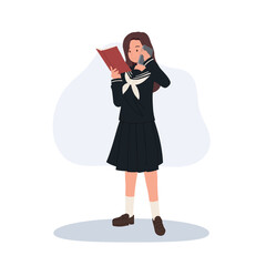 japanese school girl reading book while talking on phone. student in sailor uniform holding book and smartphone multitasking learning communication