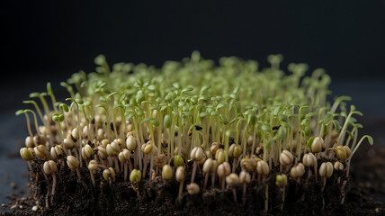 Closeup of fresh microgreens sprouting from soil, showcasing new life and growth