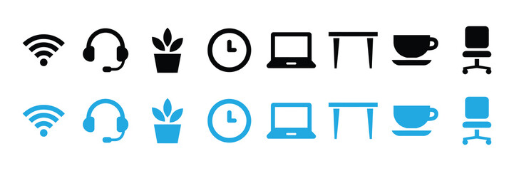Set of icons representing office and remote work elements, including wifi, headphones, plant, clock, laptop, desk, coffee cup, and chair, isolated on white background