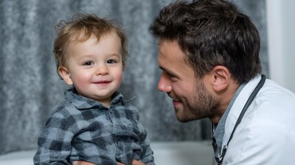 A warm pediatrician smilingly engages with a cheerful baby during a medical check up emphasizing trust and child healthcare