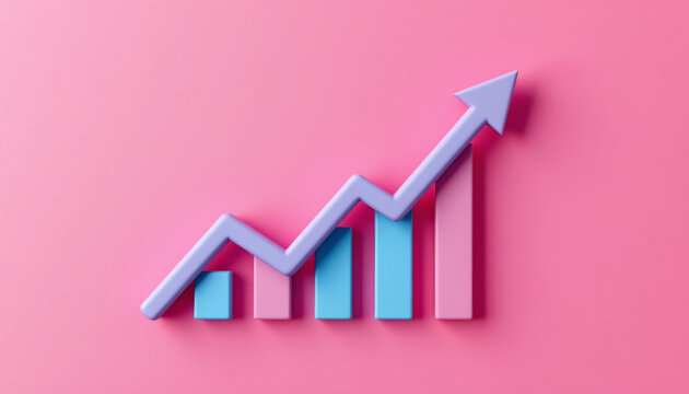 Pink and blue bar chart trend arrow growth chart rising sales chart pastel infographic optimistic business progress