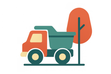 Dump truck toy for children playing, flat design illustration representing construction, transportation, and childhood themes