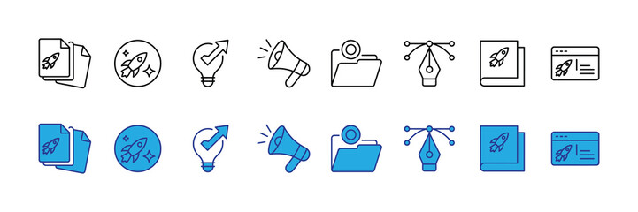 Collection of startup and business icons in outline and blue color, isolated on white background
