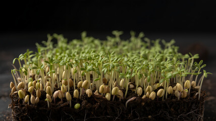 Closeup of fresh cress sprouts growing in dark soil, showcasing delicate green leaves