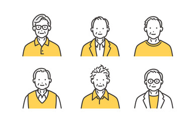 いろいろな表情のシニア男性のシンプルな上半身アイコン