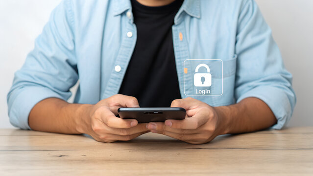 Close-up of a man using smartphone with virtual password input and login button. Concept of secure mobile authentication, user access control, and cybersecurity protection. 