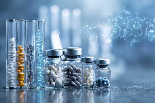 Pharmaceutical lab glassware filled with pills and capsules