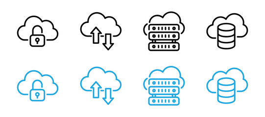 Cloud computing icons set security, data transfer, server, database, isolated on white background