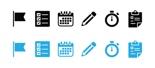 Set of icons representing planning, tasks, and time management, isolated on white background