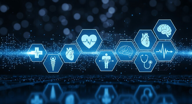 Digital healthcare network with medical icons representing technology, innovation, and interconnected health services for modern medicine - Powered by Adobe