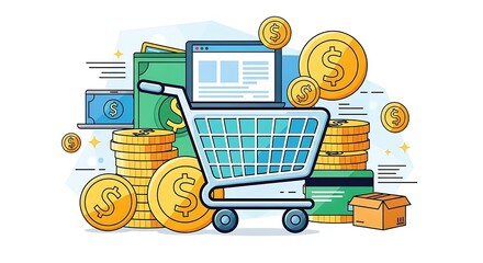 Online shopping cart concept featuring money and a computer screen, representing e-commerce