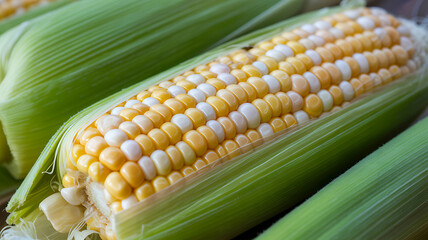 Freshly harvested bicolor corn on the cob with vibrant green husks