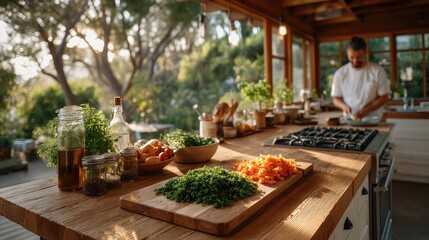 Man Preparing Food In A Sunlit Modern Kitchen With An Outdoor View And Fresh Ingredients On The Countertop