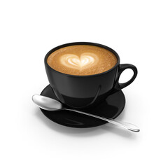 Elegant black ceramic mug filled with creamy cappuccino, showcasing intricate latte art heart design on smooth foam surface, PNG