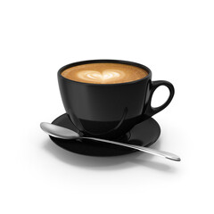 Latte art in a black ceramic cup of coffee, ISOLATED PNG