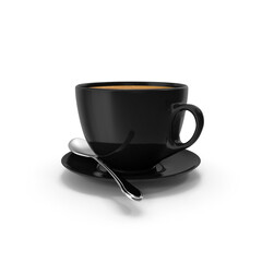 Black ceramic cup with a beautiful heart of creamy latte art, isolated on transparent background, PNG