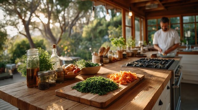 Man Preparing Food In A Sunlit Modern Kitchen With An Outdoor View And Fresh Ingredients On The Countertop