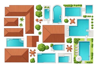 Top view of swimming pools and roofs for architectural design