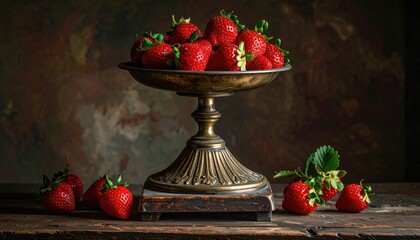 Strawberries atop antique stand on wood, painterly backdrop