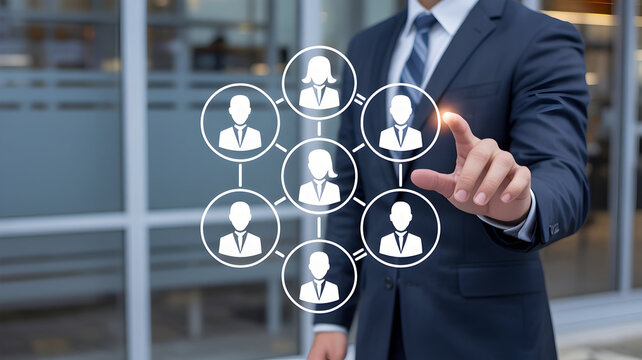 Businessman touching virtual screen with team network modern technology for business connection communication and collaboration