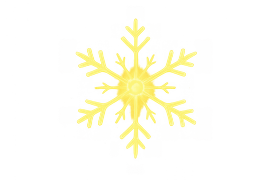 Glowing yellow stylized snowflake creating a shiny winter holiday decoration effect on transparent background