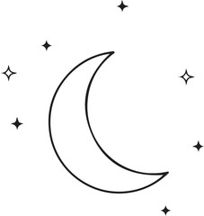 Minimalist Crescent Moon with Stylized Stars – Night Sky Vector Icon for Astronomy, Sleep, and Tranquility Themes