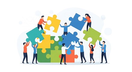 Teamwork and collaboration illustrated by diverse people assembling a large jigsaw puzzle