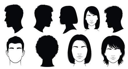 Set of diverse head silhouettes illustration of various hairstyles isolated on white background