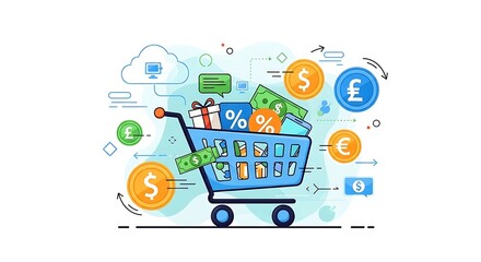 Vibrant E-commerce Business Concept Illustration with a Shopping Cart Overflowing with Money, Gift Boxes, and Discount Offers for Online Transactions and Digital Marketing