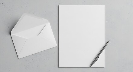 Top view flat lay of classic stationery featuring a blank letter sheet, open envelope, and a pen on a textured gray background