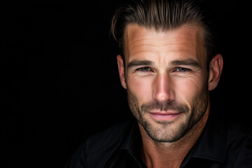 Fototapeta premium a handsome man with slicked-back light brown hair and no facial hair, studio lighting, rim light, black background
