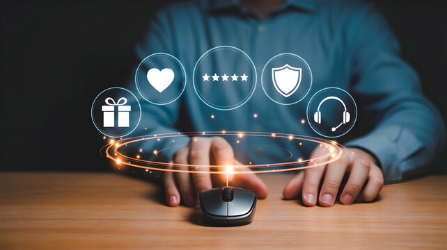 Hand using computer mouse with digital icons floating representing online security and customer service for business and technology concepts
