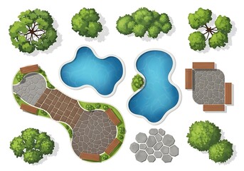 Top view of landscape elements including trees, ponds, and path