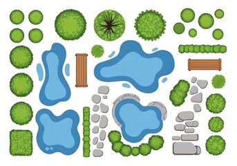 Top view landscape elements with trees, ponds, and bench isolated on white