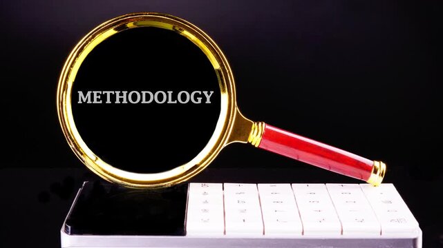 The conceptual text, words, and the phrase METHODOLOGY appear on a black background through a magnifying glass. Business concept. Animated Video