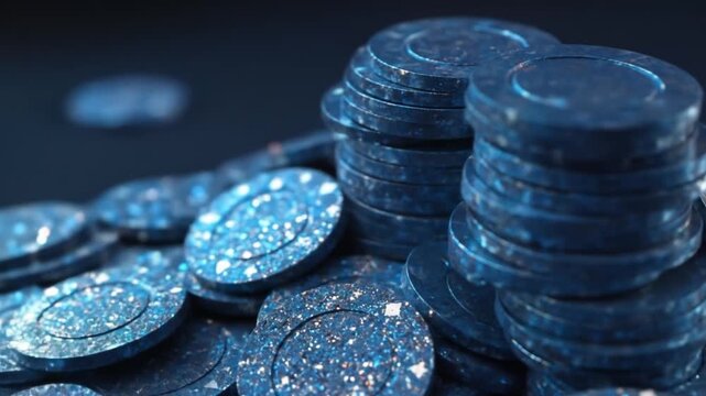 Close-up of glossy blue poker chips, stacked and scattered, under cool, glittering lighting, cinema