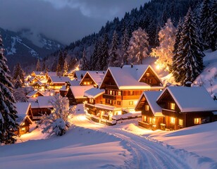 Winter village evening glow