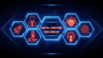 Data-Driven Decision Making: High-tech graphic with the words 'Data-Driven Decision' at the center, surrounded by relevant icons, set against a dark, futuristic background, symbolizing progress. - Powered by Adobe