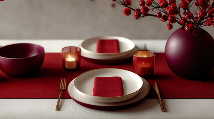 Minimal design. Christmas table with candles and plates. Christmas decoration for a party	
