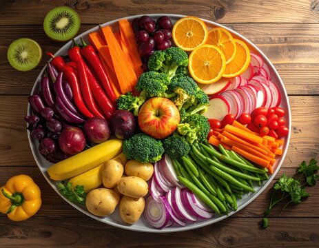 Colorful fruit and veggie platter on wood table, overhead