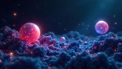 Abstract geometric shapes representing digital or conceptual linkages. Abstract digital art a dark, infinite void filled with translucent, vibrant geometric shapes (spheres, cubes, polygons) connected