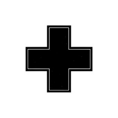 Simple black plus sign icon with thin white border isolated on a pure white background representing concepts of first aid, medicine, addition, or help symbol design element