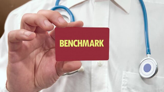The conceptual text, words, and the phrase BENCHMARK appear on the business card in the hands of a man. Business concept. Animated Video