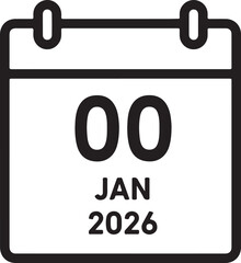 Minimalist Calendar Icon with Placeholder Date &ldquo;00 JAN 2026&rdquo; &ndash; Black Outline, Bold Typography, Conceptual Time Symbol