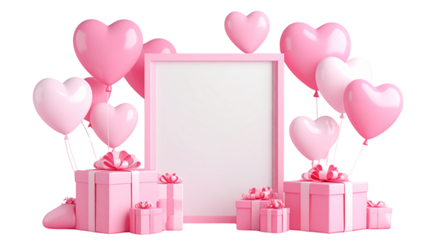 Pink gift box with balloons on white background - Powered by Adobe